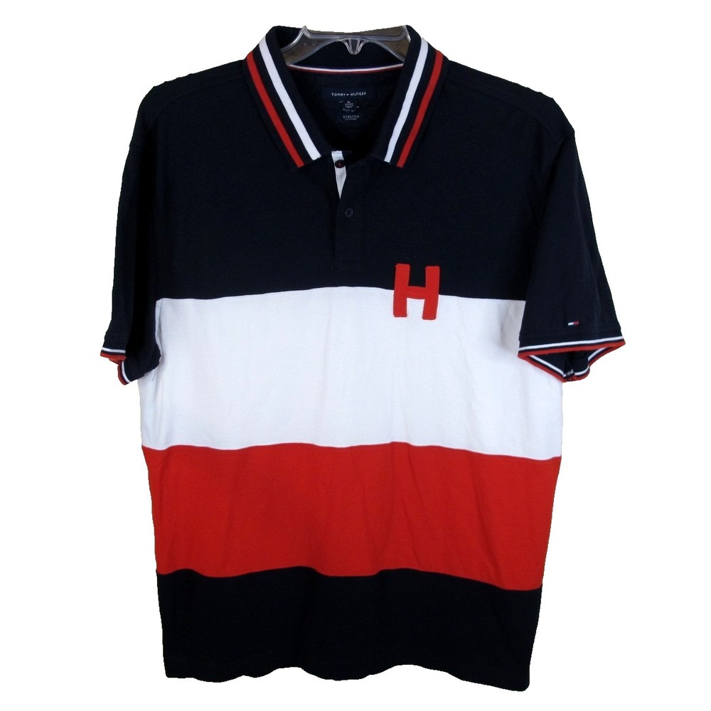 Tommy Hilfiger Colorblock Short‎ Sleeve Polo Shirt Men's Large Red White Blue